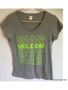 Volcom Women’s Gray V-Neck Tee with Neon Green Logo